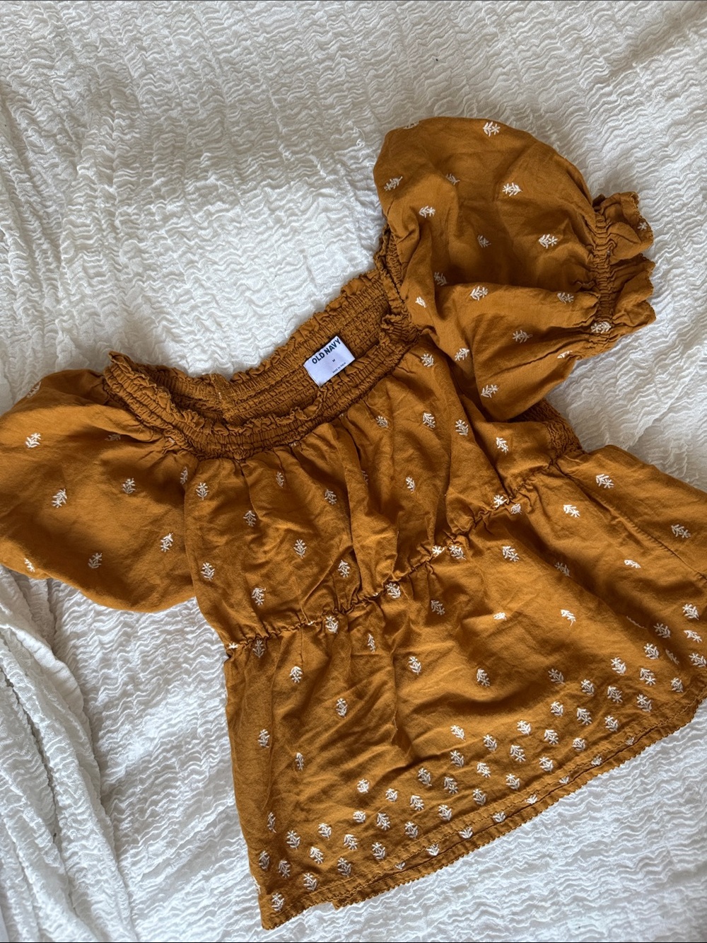 Old Navy Mustard Yellow Embroidered Puff-Sleeve Top